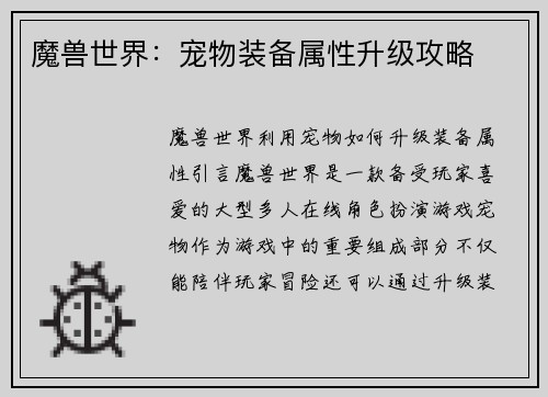 魔兽世界:宠物装备属性升级攻略